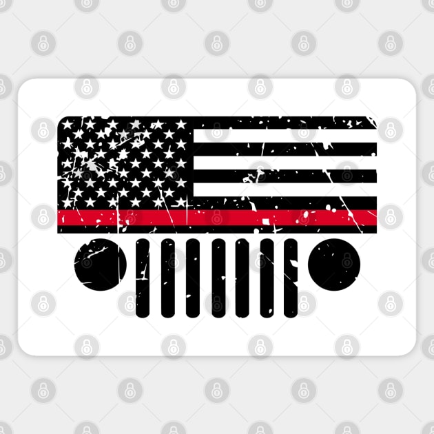 Jeep Firefighter Red Line Flag, Funny Design US Flag Distressed Magnet by Printofi.com